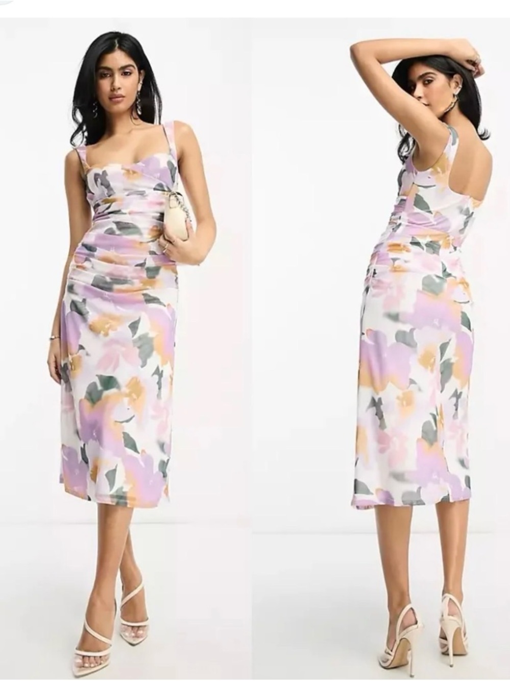 ASOS Lavender and Cream Floral Ruched Midi Dress